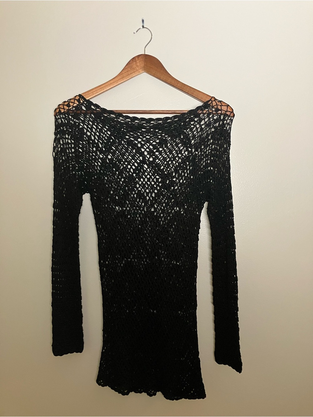 Women's Black Open-Weave Off-the-Shoulder Sweater